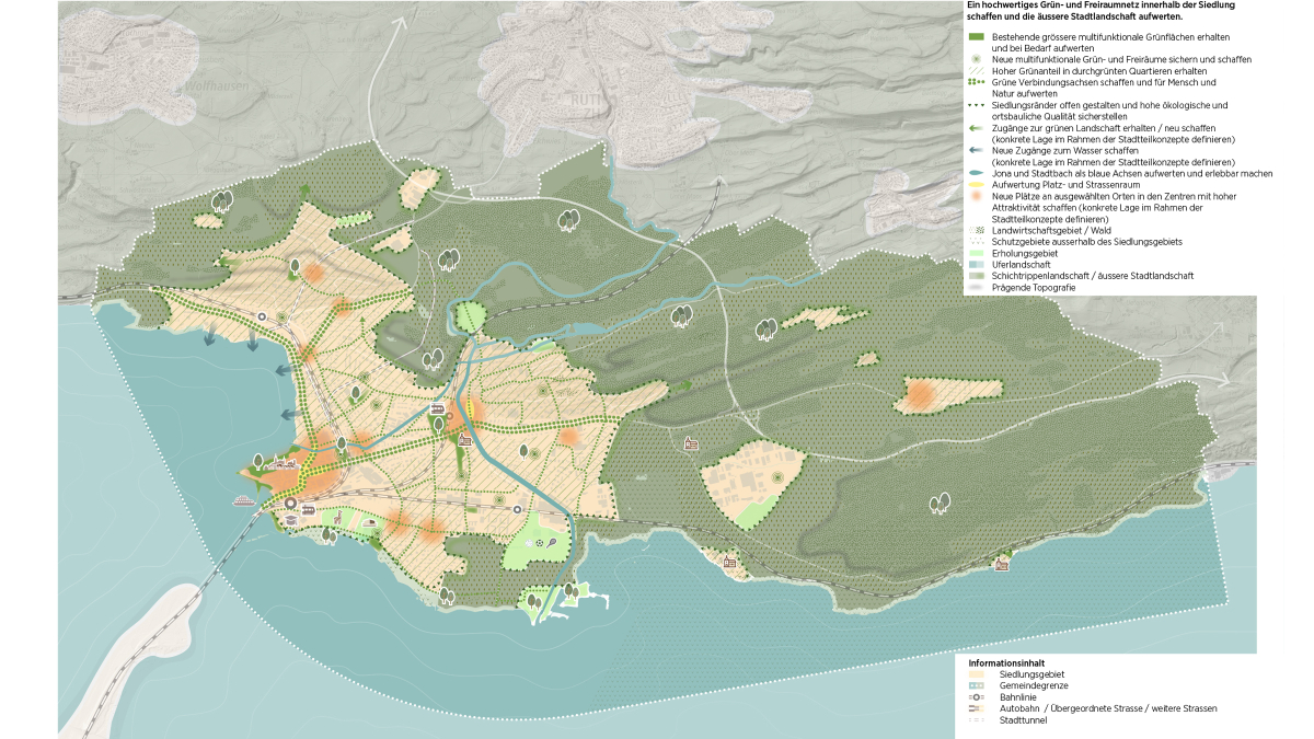 Karte zum Leitsatz Freiraum: Ein hochwertiges Grün- und Freiraumnetz innerhalb der Siedlung schaffen und die äussere Stadtlandschaft aufwerten