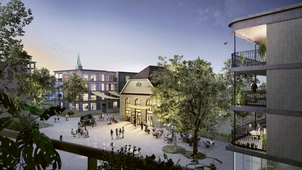 Visualisierung: Blick über den neuen Lavaterplatz auf die Alte Turnhalle, Neues Zentrum Birsfelden, Stand Oktober 2021