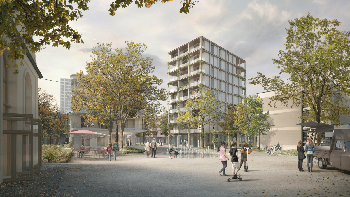 Visualisierung: Blick über den neuen Lavaterplatz Richtung Schulhaus Birsmatt, Neues Zentrum Birsfelden, Stand Oktober 2021