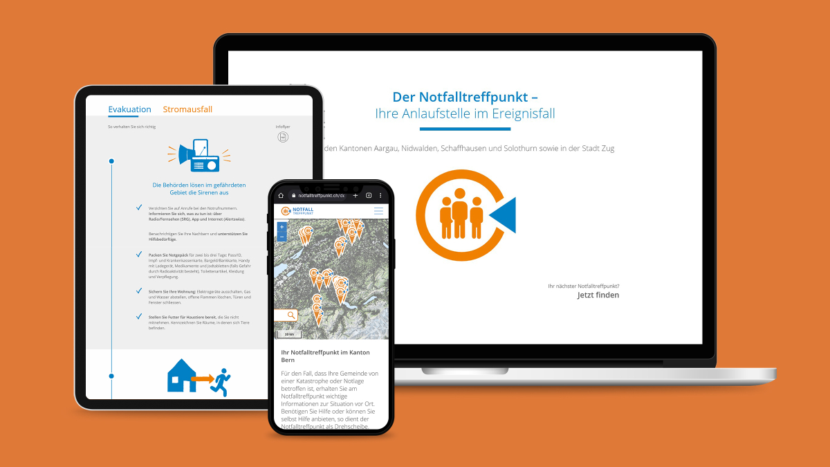 Website Notfalltreffpunkte.ch auf Tablet, Smartphone und Laptop